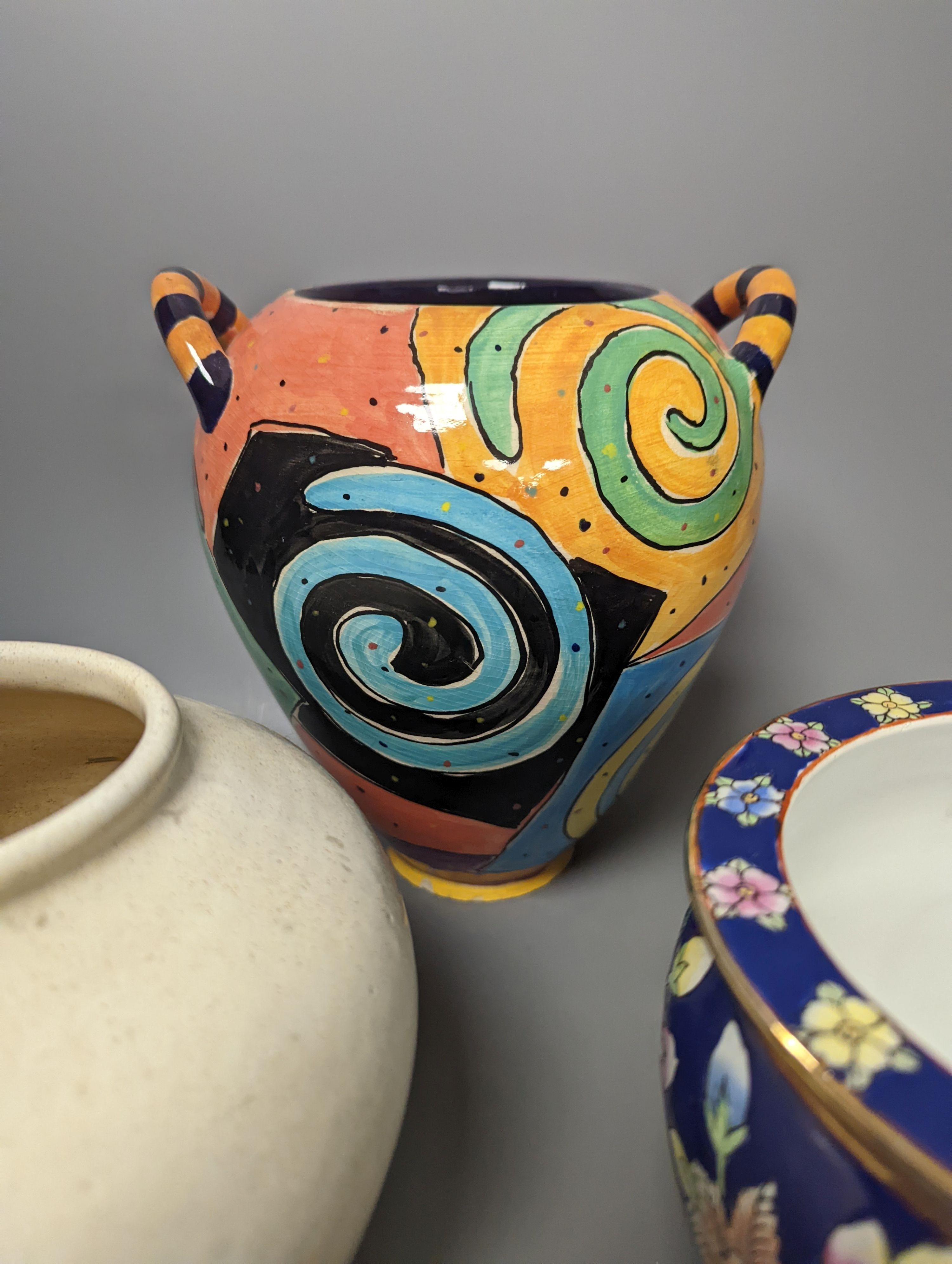 A cream glazed stoneware vase, initialled NKV, 15cm, a Jane Willingale Loudware vase, and a small Chinese Jardiniere